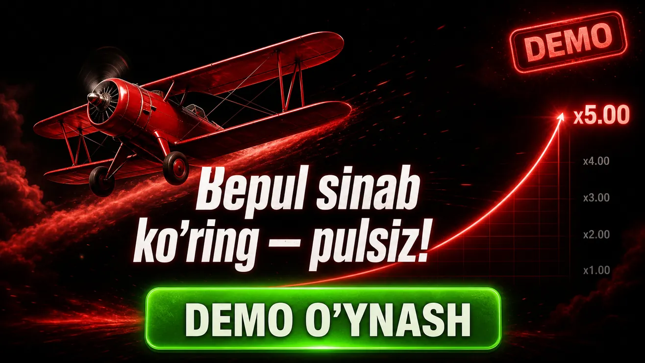 Aviator demo rejimi ekrani — virtual balans va cashout tugmasi
